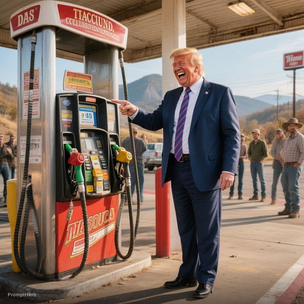 AI generated: Ultra realistic, U.S. President, 2026 Donald J. "TACO" Trump standing full body pointing to a gasoli...