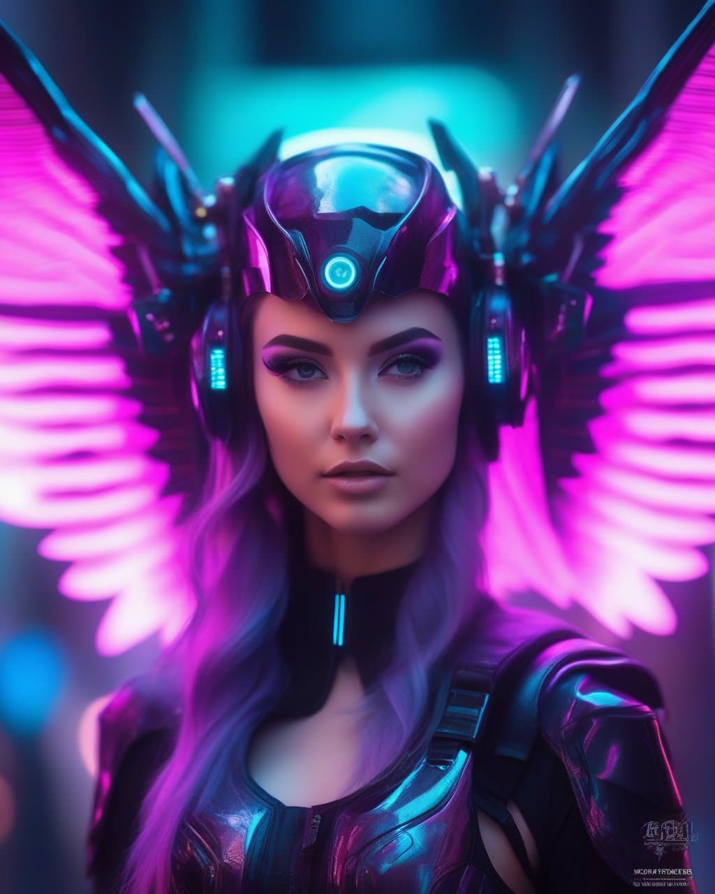 AI generated: the model with glowing purple wings and a cyborg face, in the style of cybermysticpunk, cypherpunk, ...