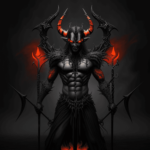 AI generated: Evil demonic black and orange devil, holding a trident, ominous and eerie, highly detailed and reali...