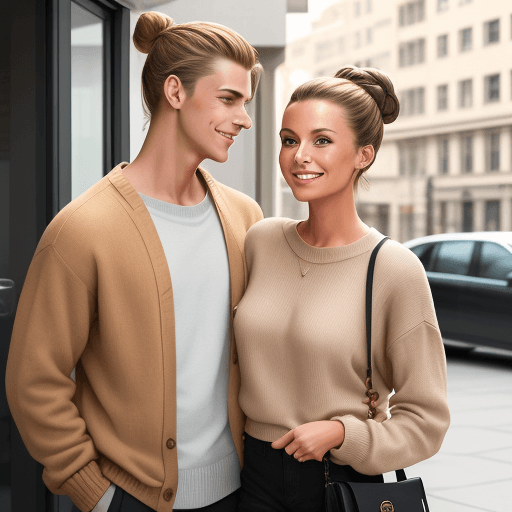 AI generated: The image features a beautiful young men, a tan sweater, standing in front of a building, hair pulle...