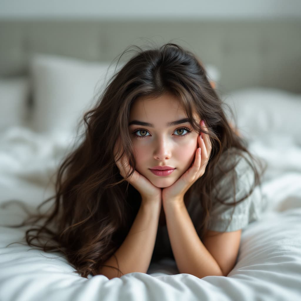 AI generated: girl laying on her bed on her stomach ,  facing viewer ,  rest of body showing , full body pose , re...