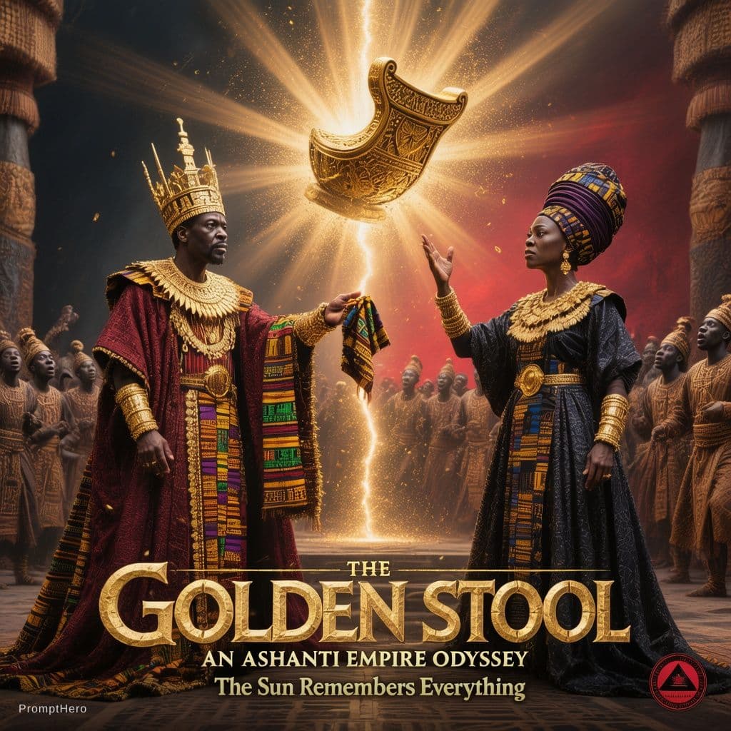 AI generated: Cinematic movie poster for "The Golden Stool: An Ashanti Empire Odyssey," Episode 9 — "What Fire Lea...