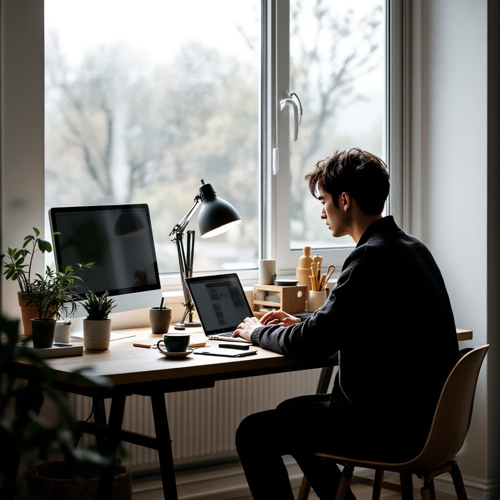 AI generated: modern, minimalist workspace, focused designer korea hansome young man silhouete at a woodstyle desk...