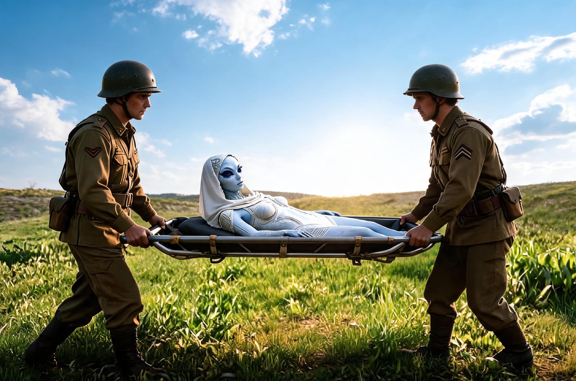 AI generated: The reference image is weak. Remove the two far soldiers. Keep only the two closest soldiers. Make t...