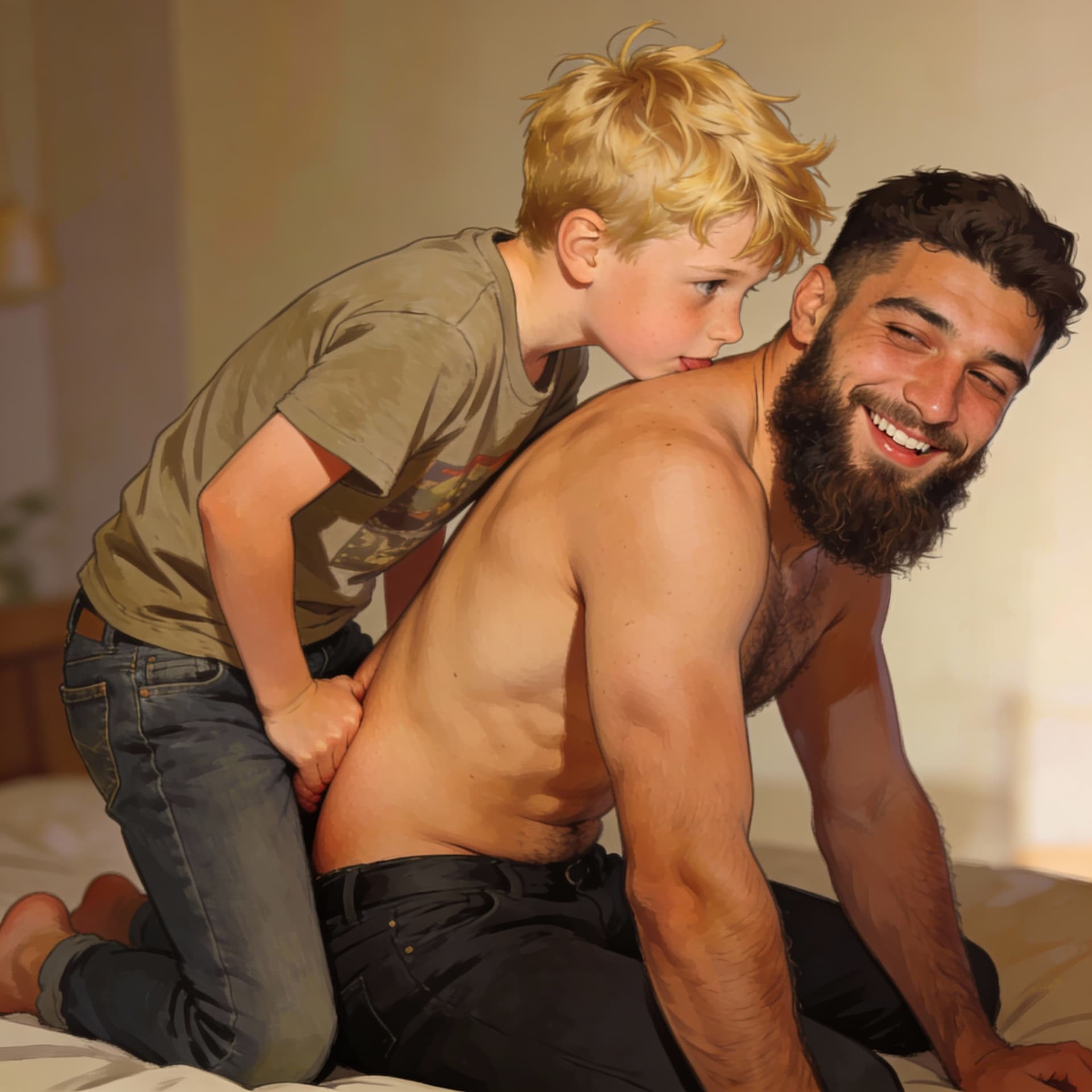 AI generated: Fait un jeune garçon blanc blond qui encule un tchétchène de 20 ans barbu et qui sourit de satisfact...