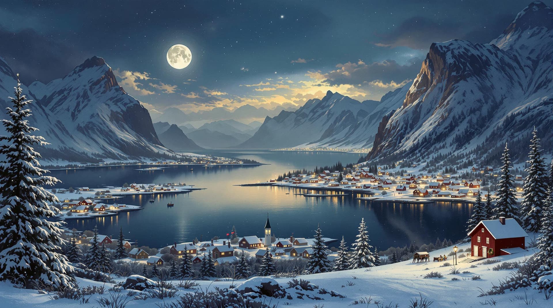 AI generated: Paysage et village norvégiens, saison de Noël, peinture d’art numérique créative, avec de beaux déta...