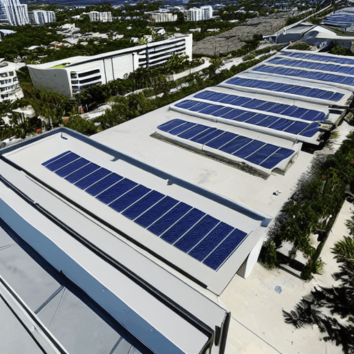 AI generated: view of a Flat roof on a commercial building with a roof top with solar panels in a south florida ar...