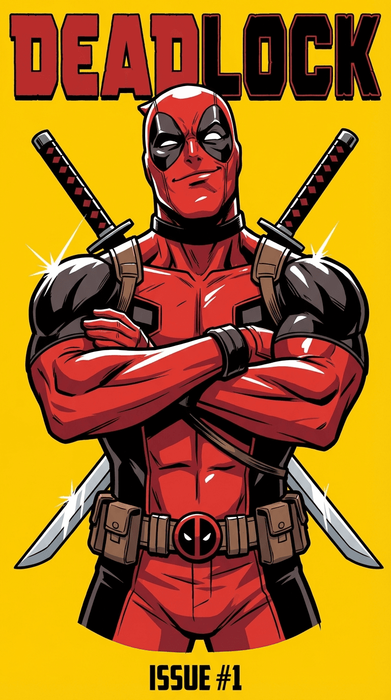 AI generated: A high-contrast comic book cover illustration of Deadpool. He is in a symmetrical, powerful pose, lo...