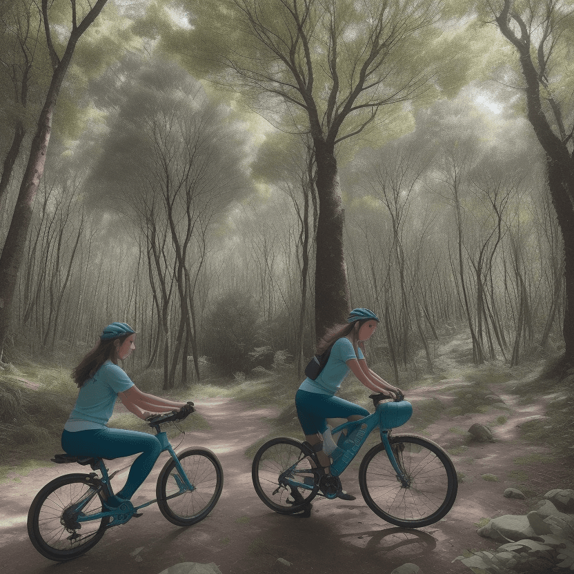 AI generated: Una escena idílica de cuatro chicas jóvenes montando bicicletas de montaña en un bosque de haya cent...