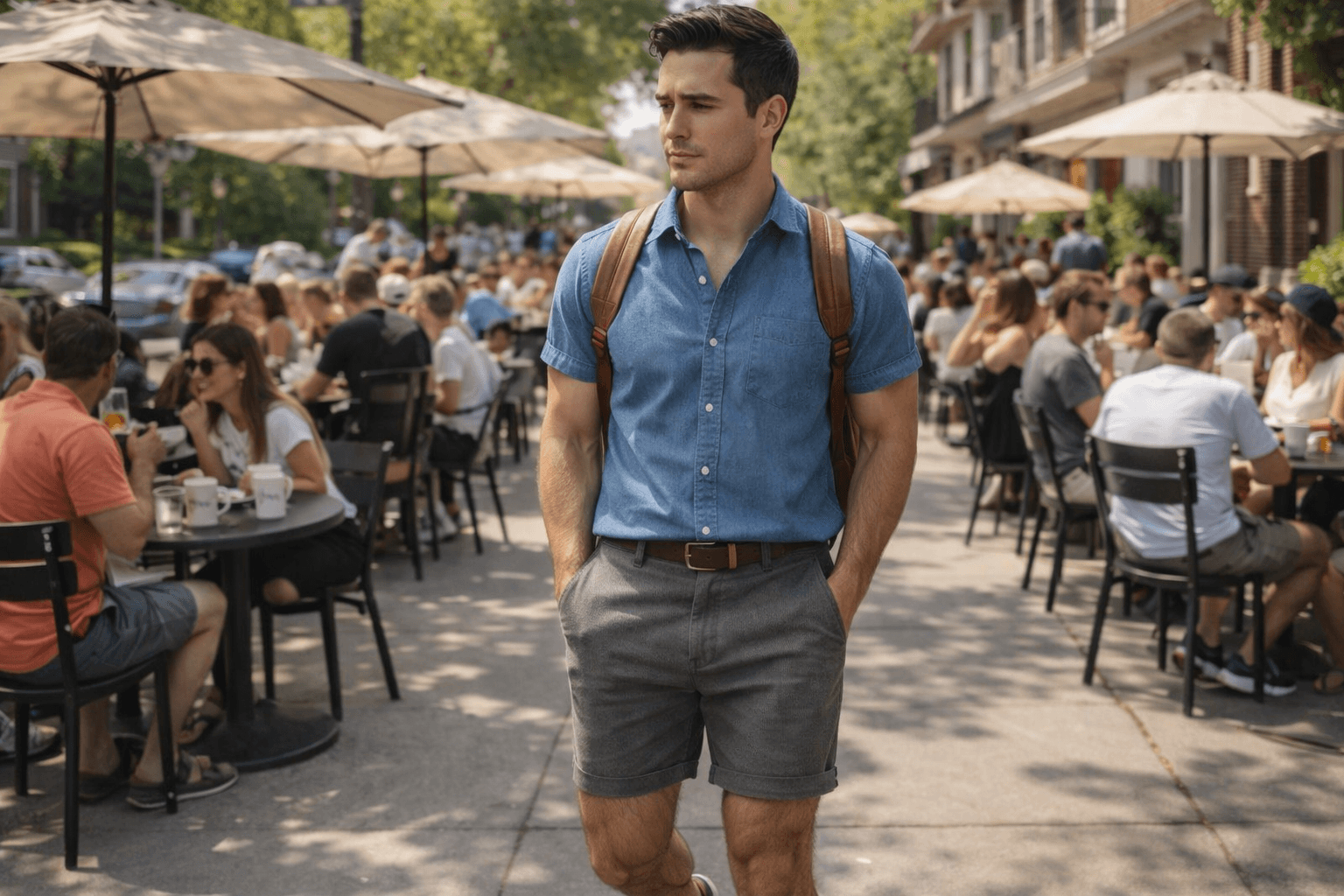 AI generated: In a sunny morning at a nice neighborhood. The model walking among a lot of people at a coffee shop ...
