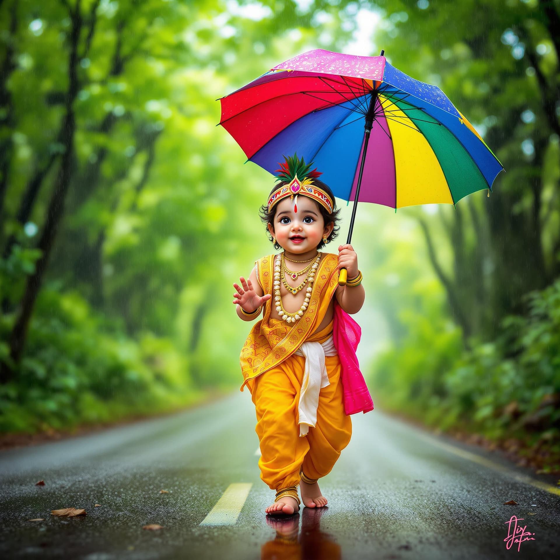 AI generated: Baby Krishna ji, strolling down a forest road He holds a colorful umbrella in his hand, which contra...