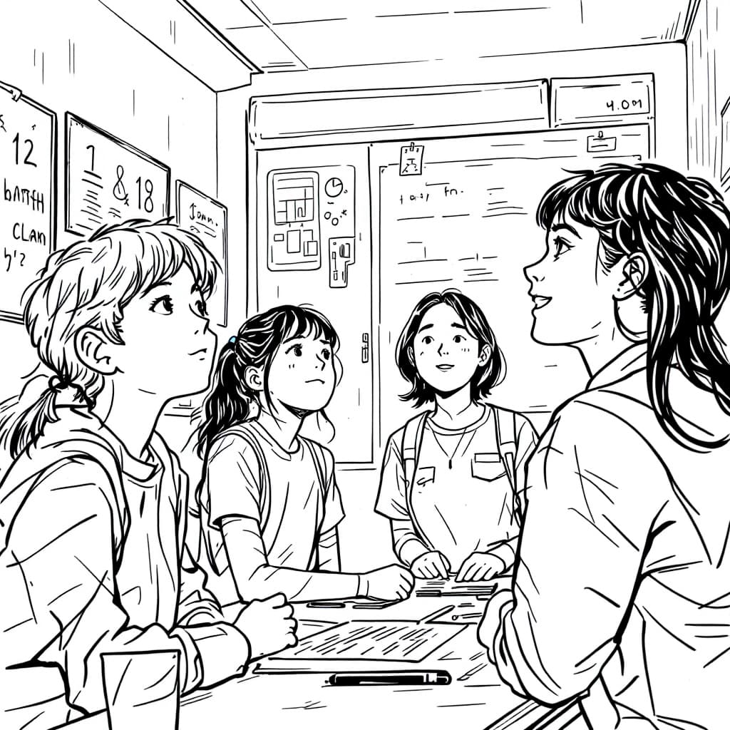 AI generated: a comic black-and-white drawing of a group of 12-year-old students in a classroom 

