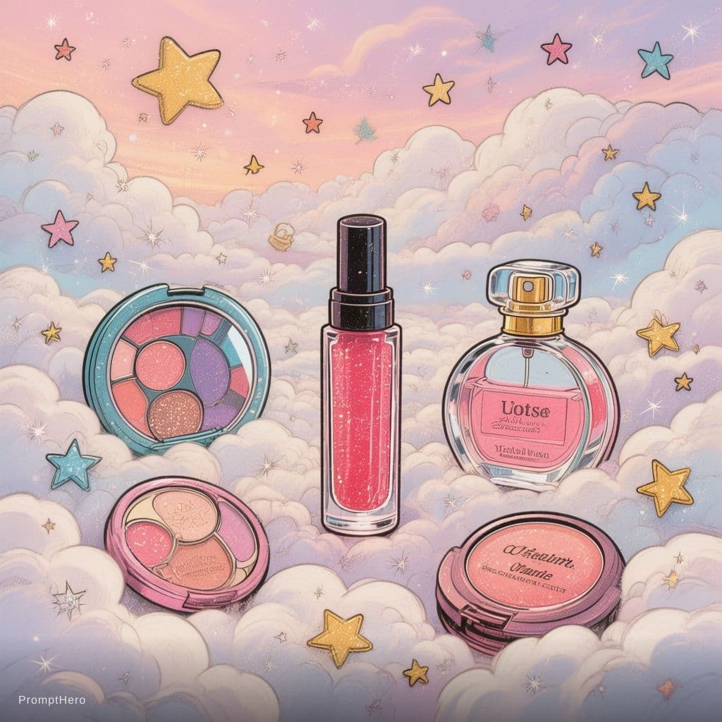 AI generated: Cute dreamy cosmetics collection with lip gloss, perfume and blush surrounded by clouds, stars and s...