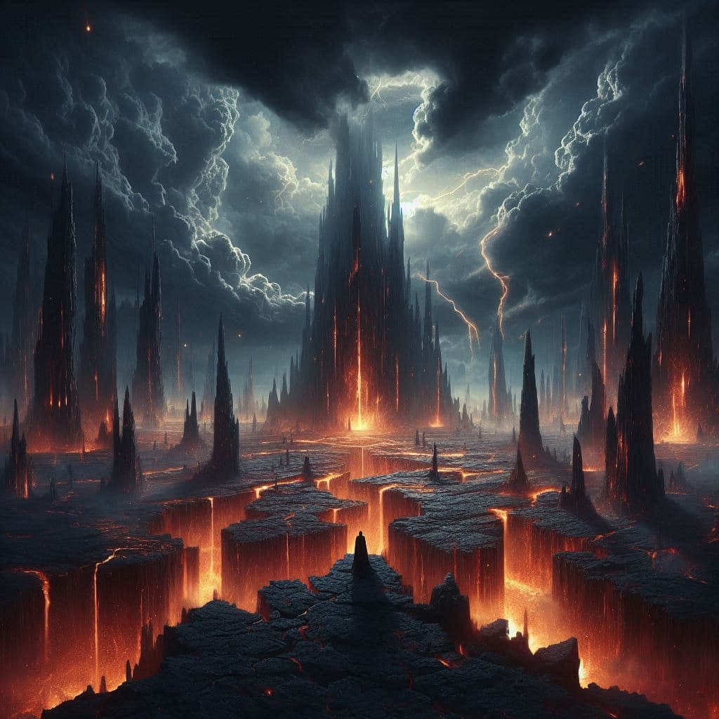 AI generated: a vast, otherworldly landscape, where the ground fractures underfoot, revealing a fiery, molten core...