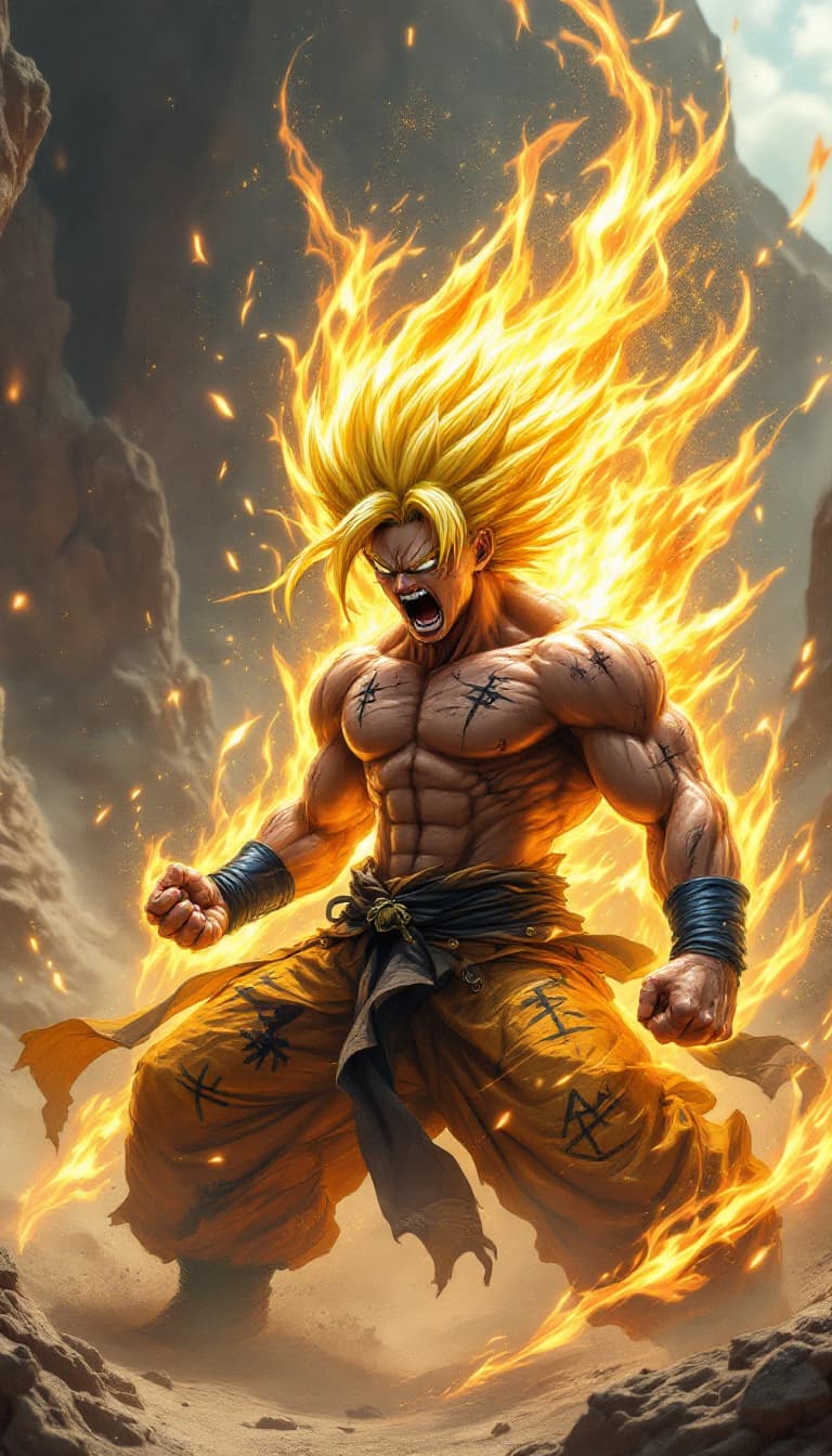 AI generated: Create an ultra-realistic character design with human skin texture for a Goku-like character with th...