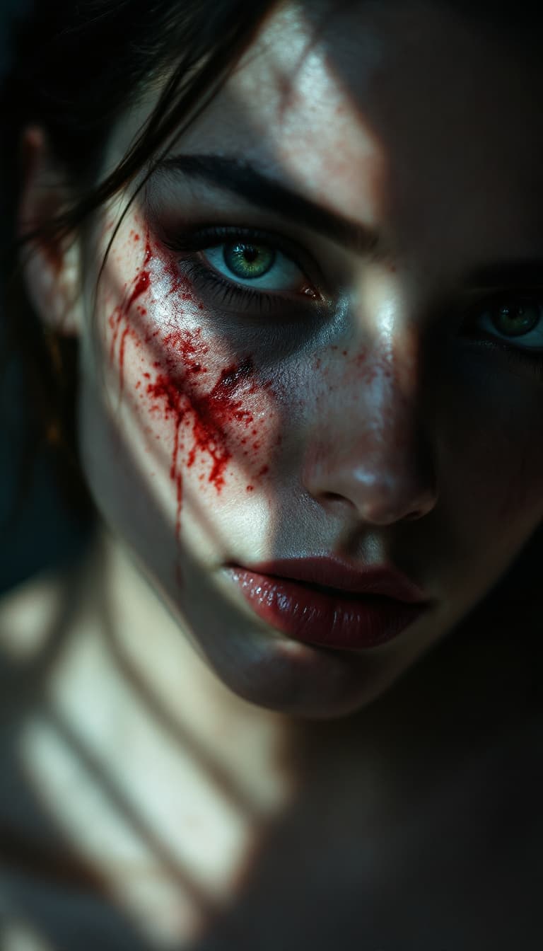 AI generated: high-resolution photograph, woman, ugly scar in the face, exposed body,  stunning use of shadows, in...