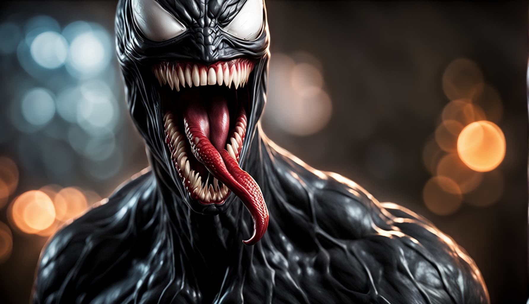 AI generated: 500mm portrait RAW photo, close-up, epic iconic Venom, mouth open and full of long sharp fangs, anat...