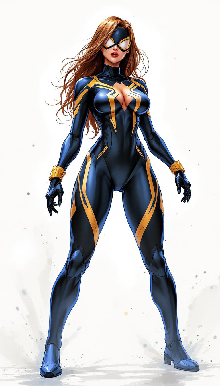 AI generated: A fusion of Megaman X and Spider-Man, reimagined as a curvaceous woman, standing heroically in a dyn...