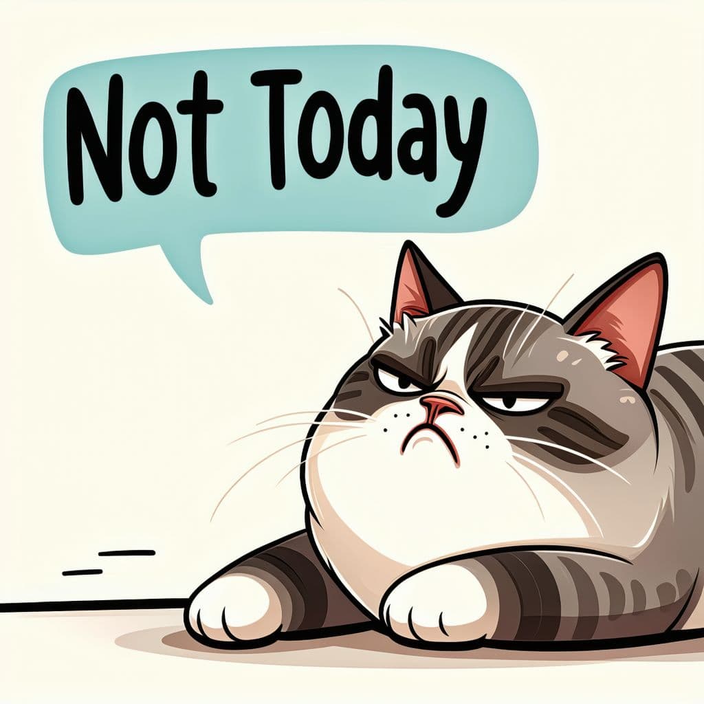 AI generated: A cute and grumpy cat lying lazily on its side, cartoon-style, bold typography above saying ‘Not Tod...
