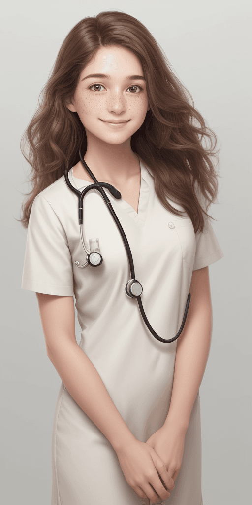 AI generated: [Three-quarter close-up: :12], [Smart face, plain brown wavy hair, (fair skin: 1.2), freckles on the...