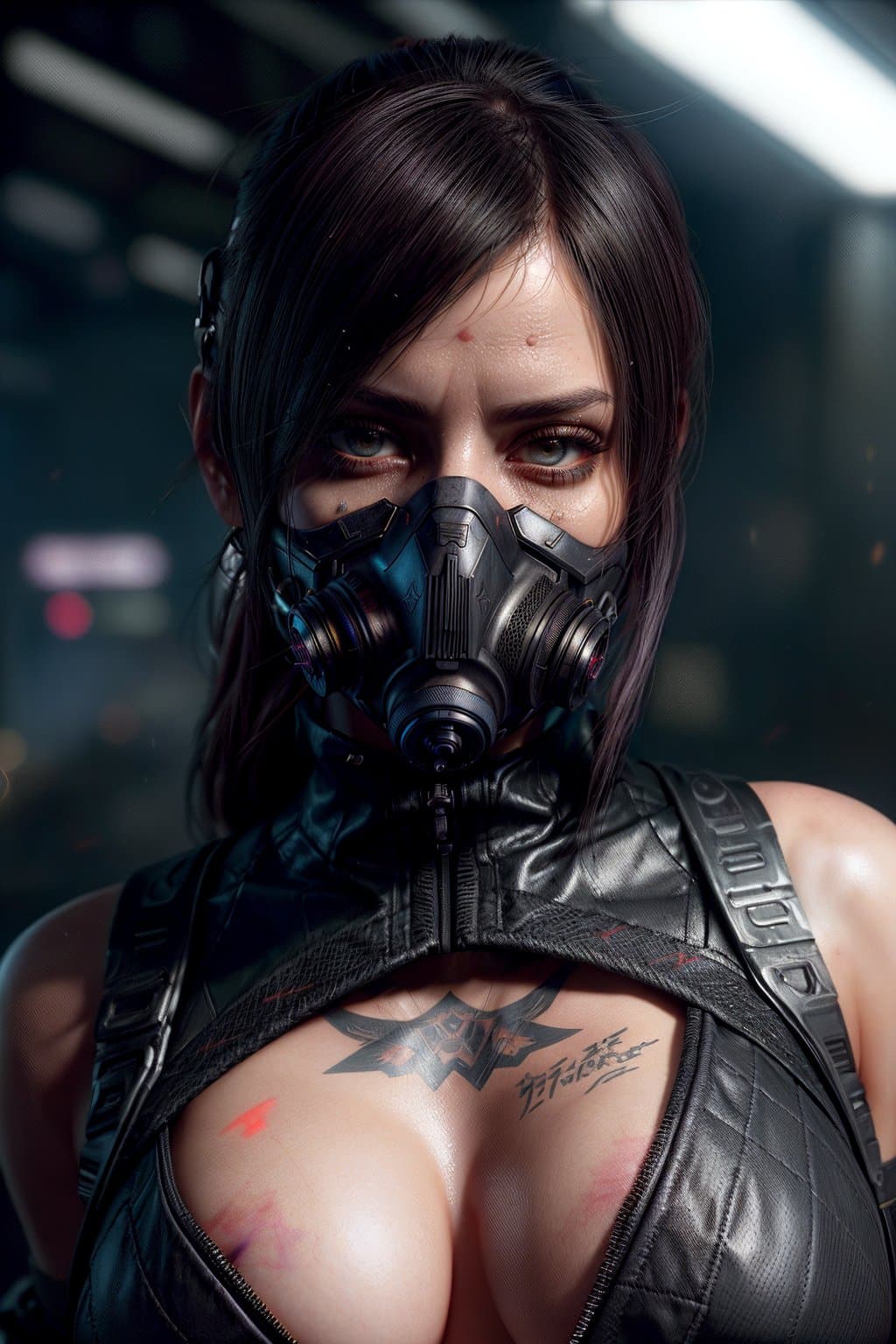 AI generated: beautiful female assassin wearing cyberpunk clothing, respirator, cybernetic respirator, (detailed p...