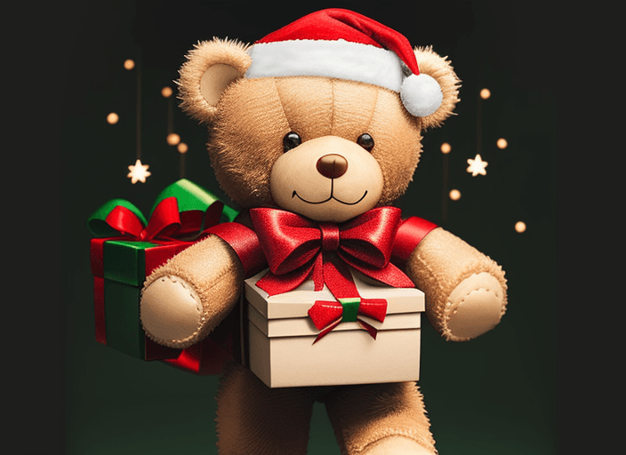 AI generated: Christmas teddy bear carrying a holding a gift box in the front
