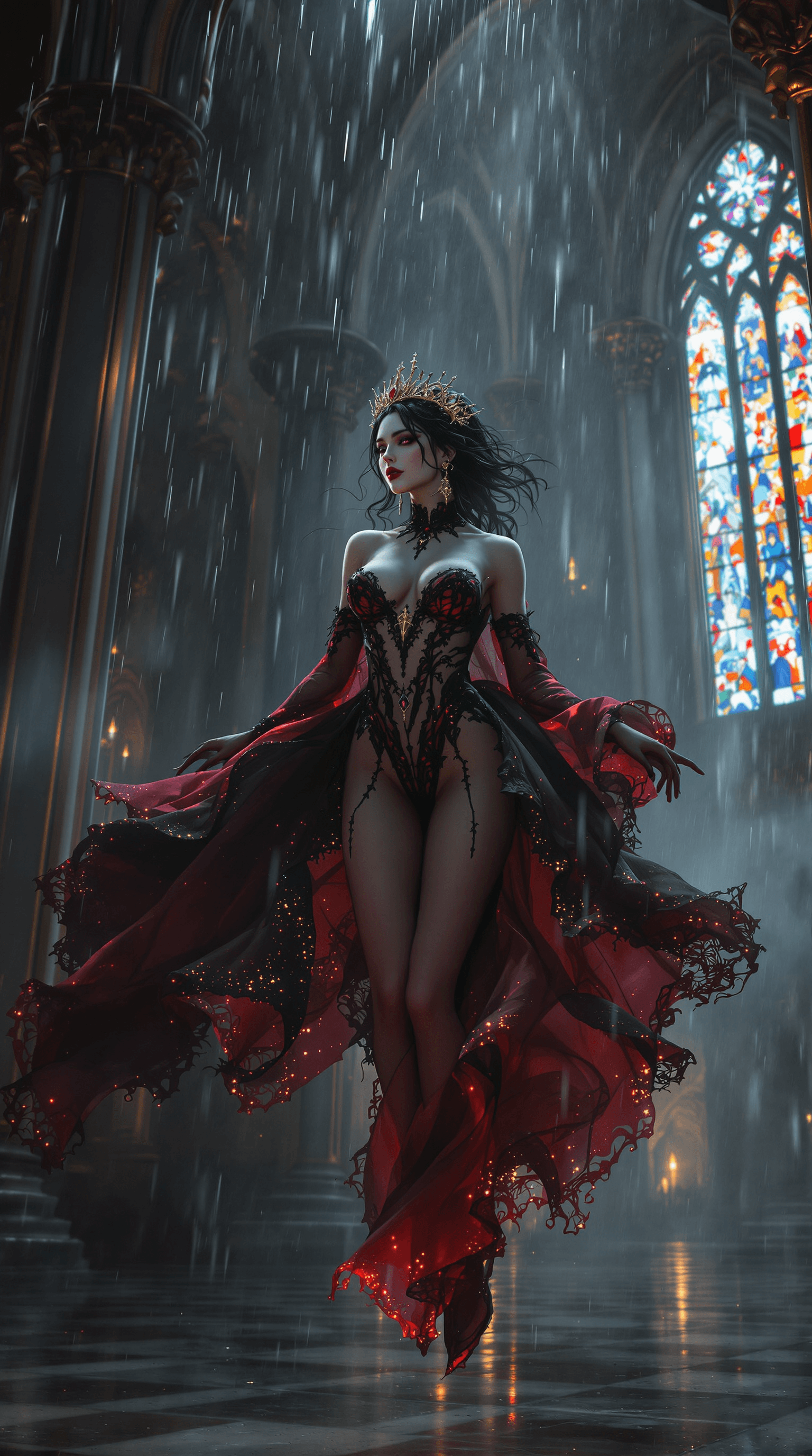 AI generated: A **cinematic, highly detailed film still** capturing a **majestic gothic vampire queen** floating t...