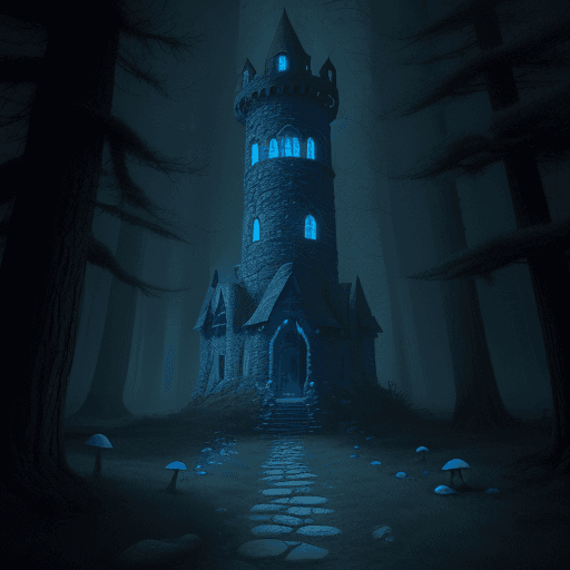 AI generated: haunting stone tower surrounded by a dense taiga forest, dark door, blue moon in the sky, night shot...