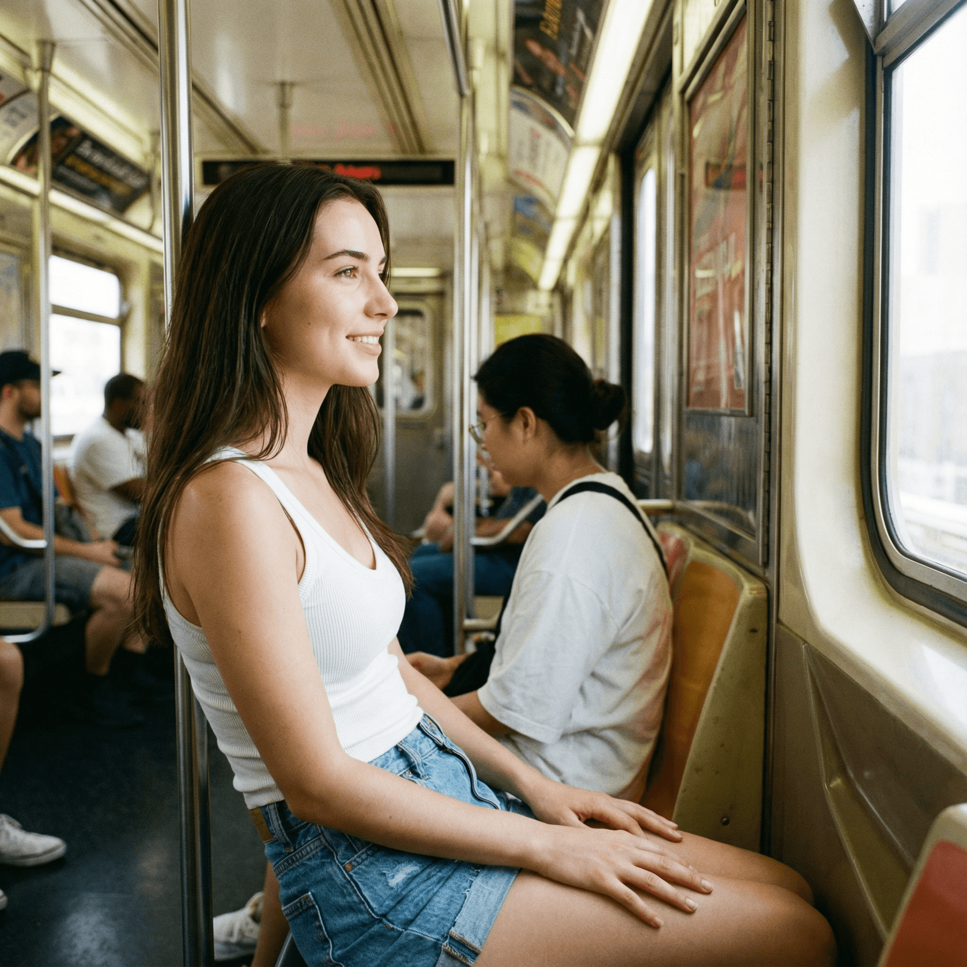 AI generated: The photo, taken from a cinematic angle inside a subway car, shows a young, slender woman with long,...