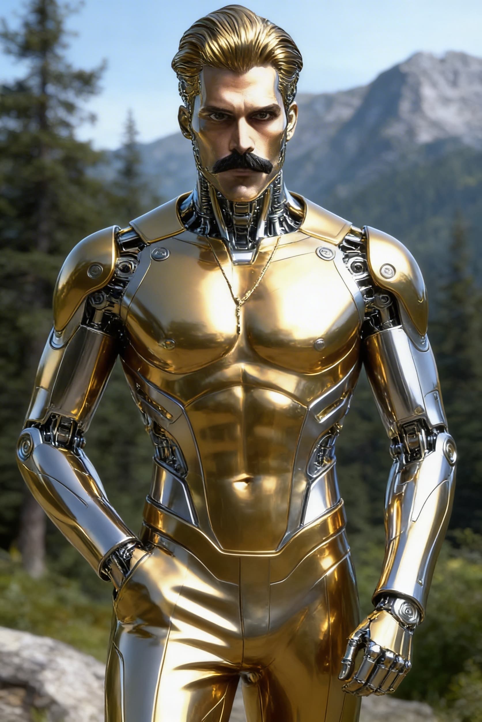 AI generated: Be inspired and create from reference. a golden-silver being, powerful, loving. From flesh to sleek ...