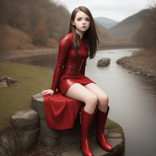 AI generated: [photography], girl wearing red dress and leather boots seated near the River in a landscape 