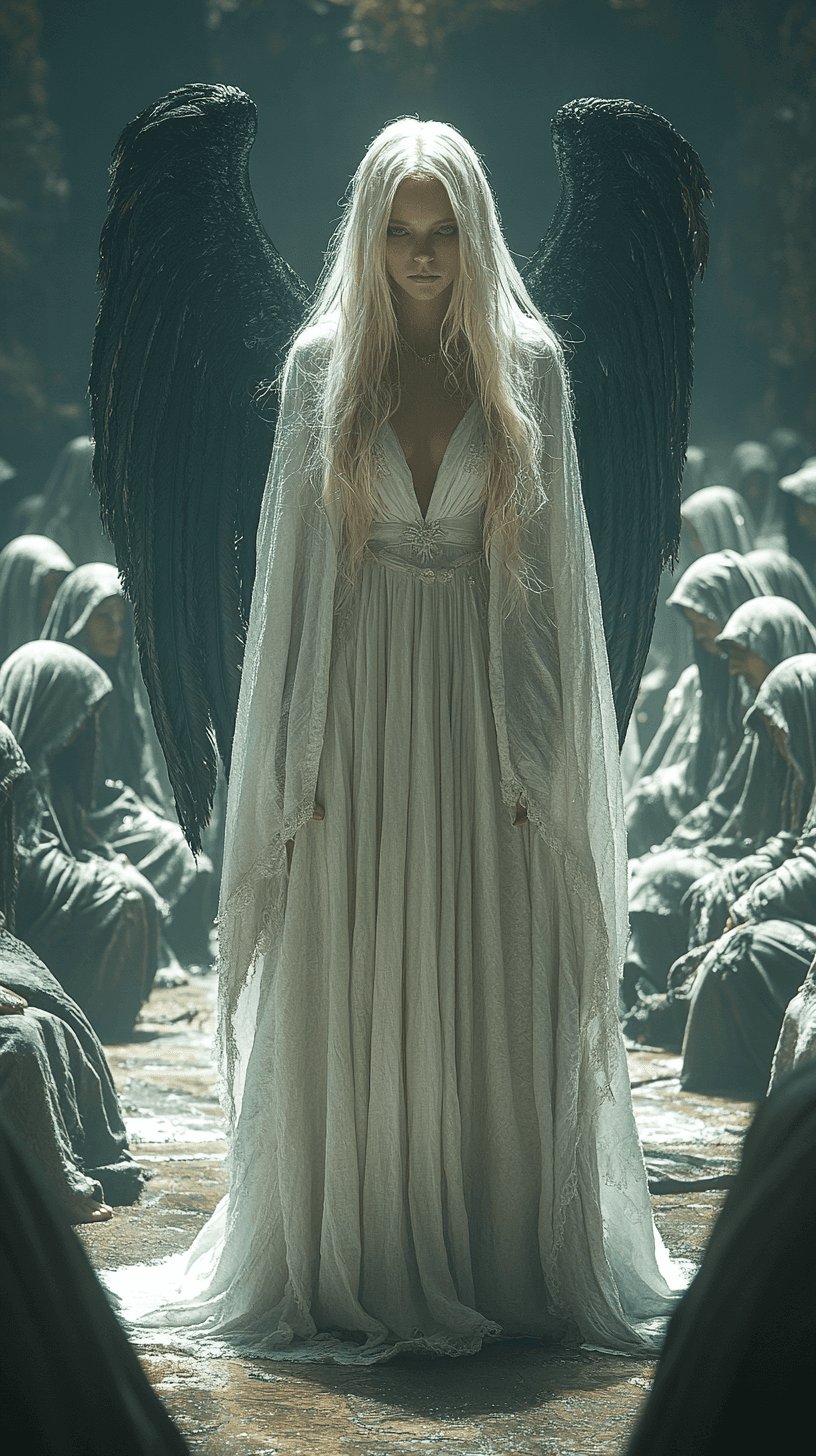 AI generated: A full-body cinematic photograph of an angelic blonde woman wearing white robes and black wings, sta...