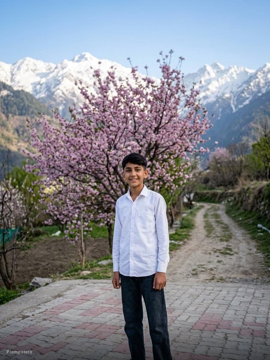 AI generated: change shirt into white and background into one pink tree and mountain
