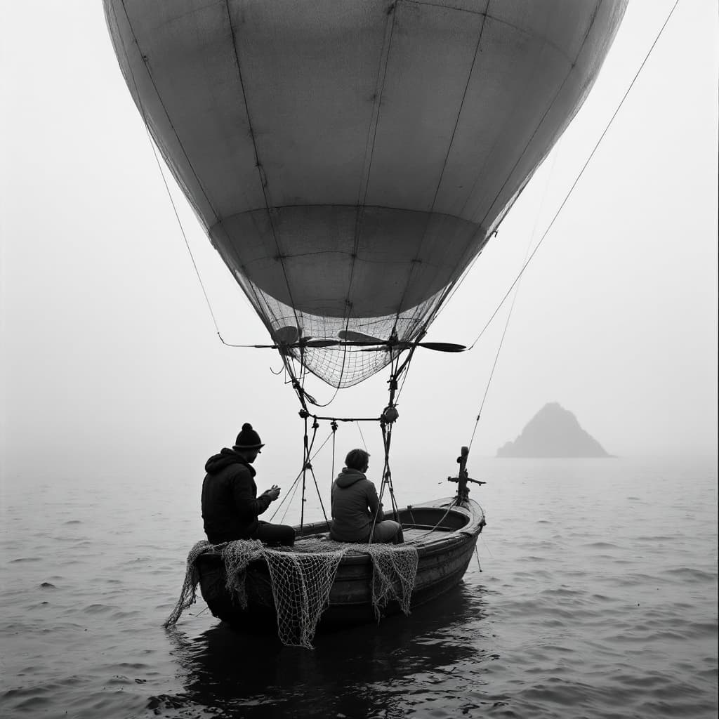 AI generated: A traveler sits on a balloon. The balloon has propellers and is covered with a fishing net. The ball...