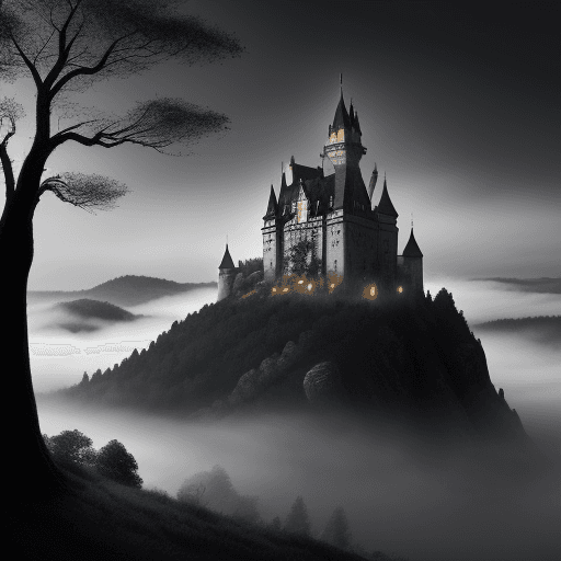 AI generated: this is a cover for the book, it shows a healthy castle, fog, dark colors, black, trees