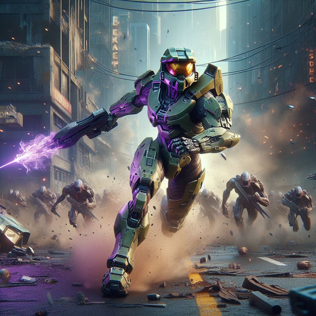 AI generated: photorealistic, detailed flying debris,a bulk female warrior in halo spartan armor fighting strongly...