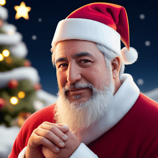 AI generated: UN PAPA NOEL FELICITANDO LA NAVIDAD, CON UN FONDO NEVADO Y ARBOL DE NAVIDAD, QUE TENGA EN LAS MANOS ...