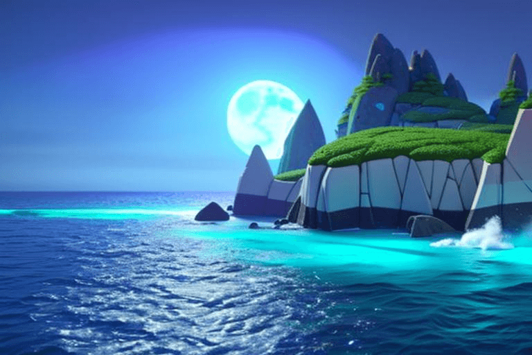 AI generated: complex 3d render ultra detailed, 8k, (full moon) night sky, torquise sea dazzling foamy blue silk w...