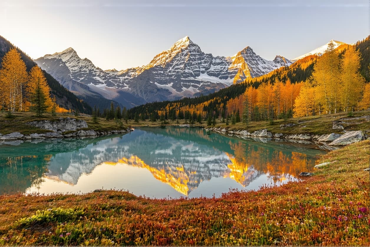 AI generated: "A highly realistic and ultra-detailed photograph of a serene mountain landscape during golden hour,...