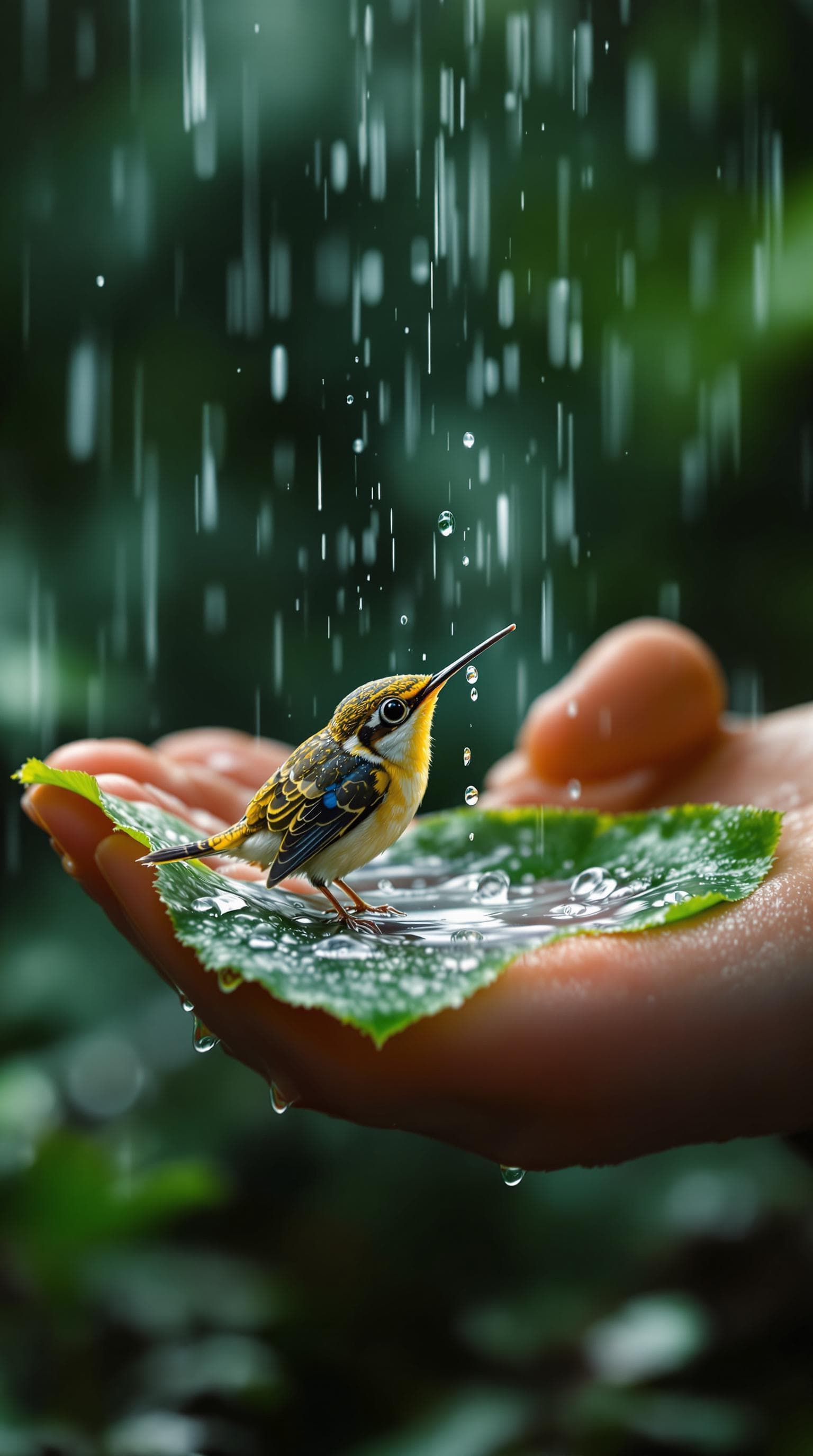 AI generated: Kolibri sitting in the palm of my hand and drinks water from a leaf, very beautiful and very detaile...