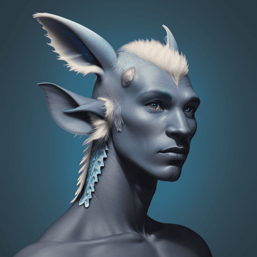 AI generated: Portrait of a blue-skinned male with gills on neck and earfins on ears.