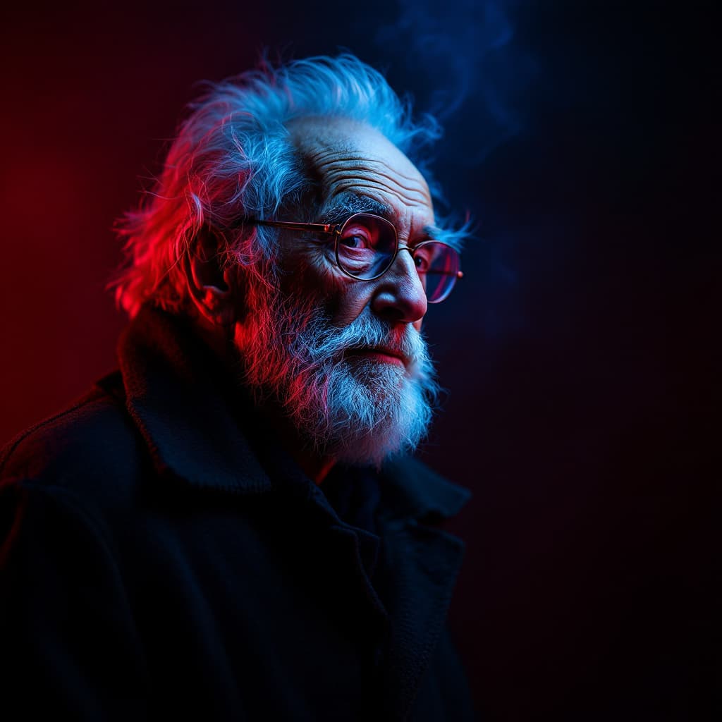 AI generated: fashion editorial, a portrait of old man is studio red and blue lights in style Alain Laboile, highr...