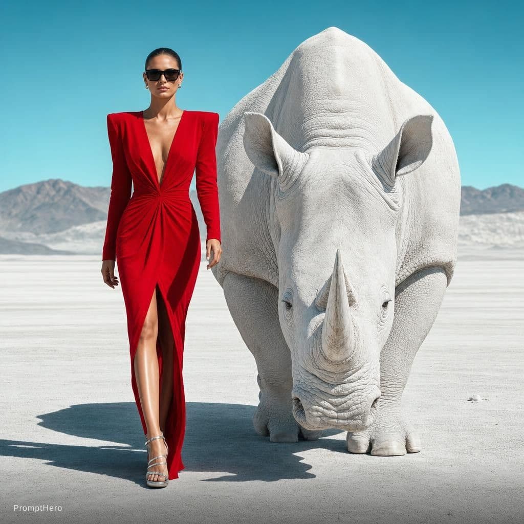 AI generated: {
  "scene": {
    "type": "editorial fashion surrealism",
    "location": "barren white desert w...
