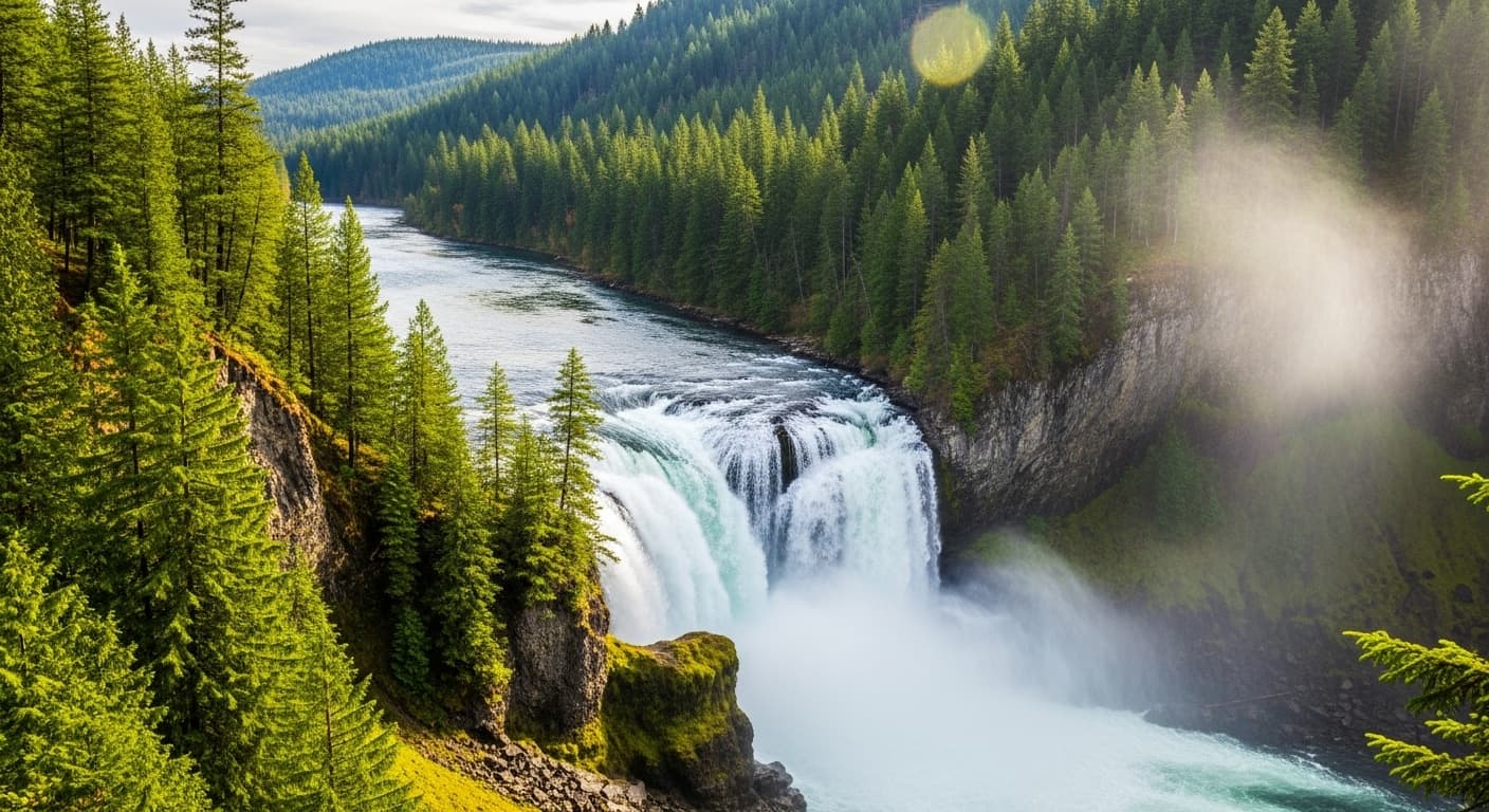 AI generated: Spectacular photo shots of Rearguard Falls waterfall in Rearguard Falls Provincial Park in British C...