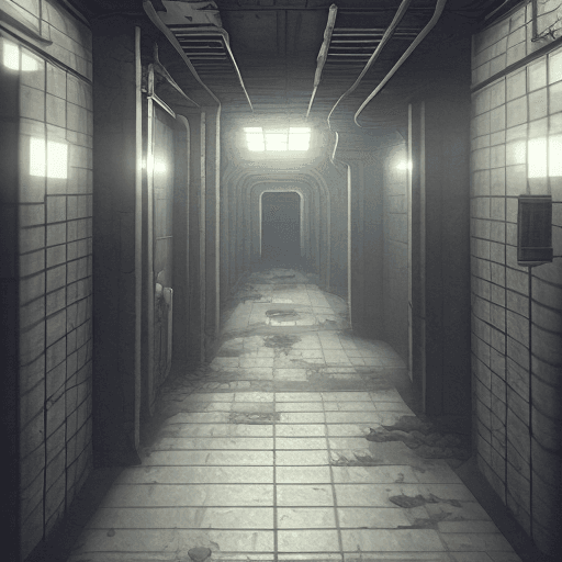 AI generated: top down isometric concept art of a gloomy corridor in a dark spaceship, abandoned, post-apocalyptic...