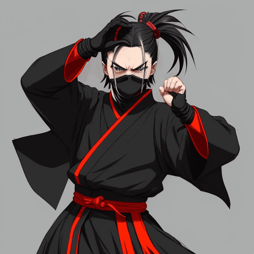 AI generated: bauhaus style clothe, big clothes, cool anime style, character, village center, medieval, ninja, han...
