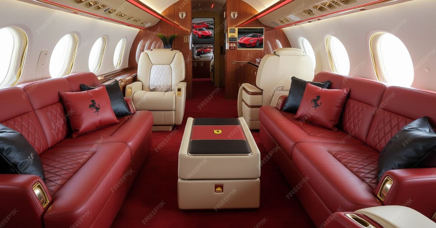 AI generated: red interior of a luxurios private jet with red leather interior with a ferari theme 