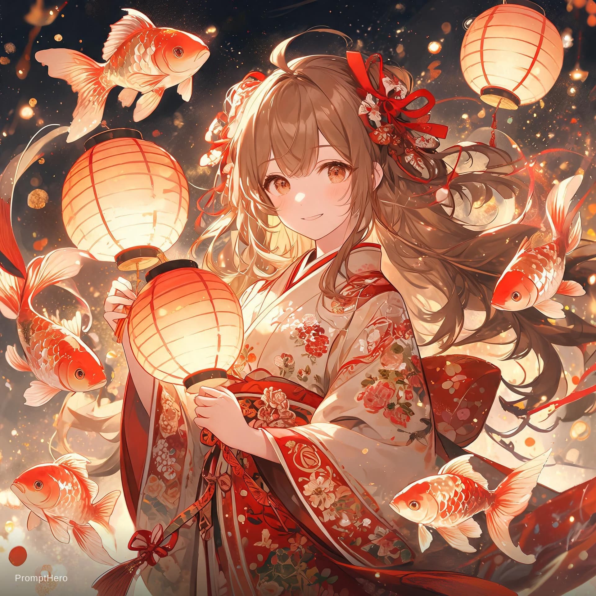 AI generated: a young lady with lanterns and koi fish, in the style of dynamic anime, light brown and red, festive...
