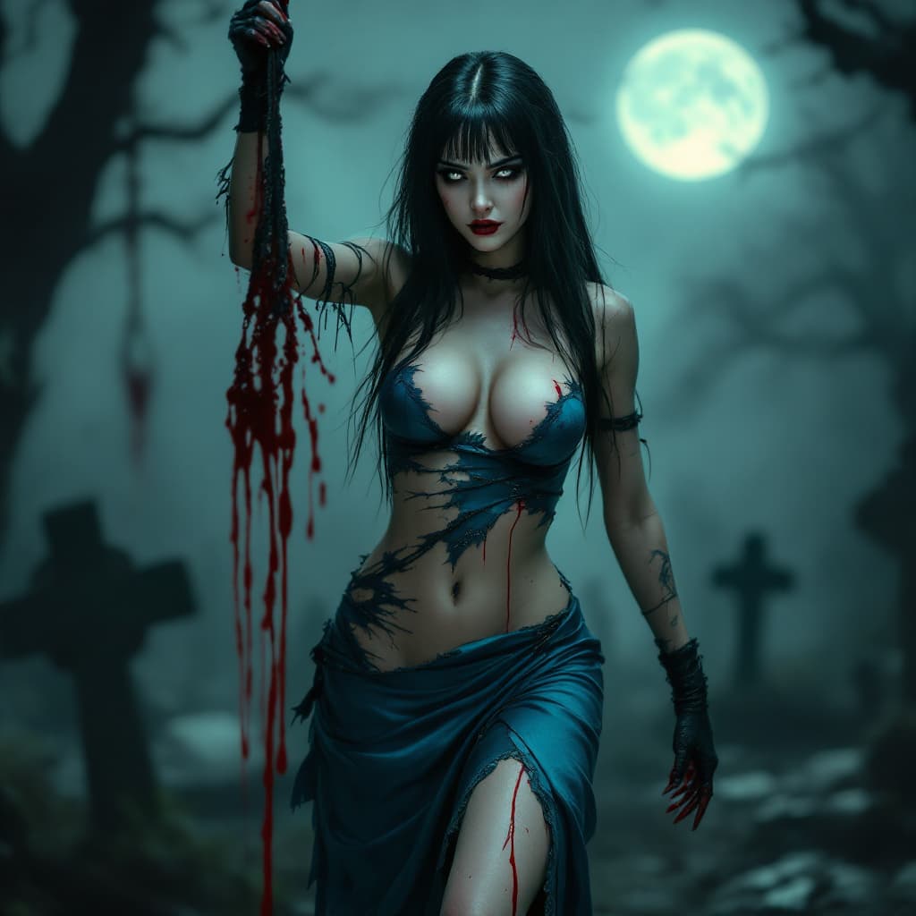 AI generated: A full body HD photo of a tall female vampire standing with body slightly turned to the left in cent...