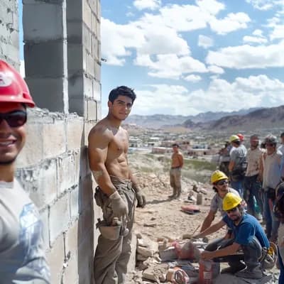 AI generated video: a group constructions workers look at the camera and smile as the camera moves closer